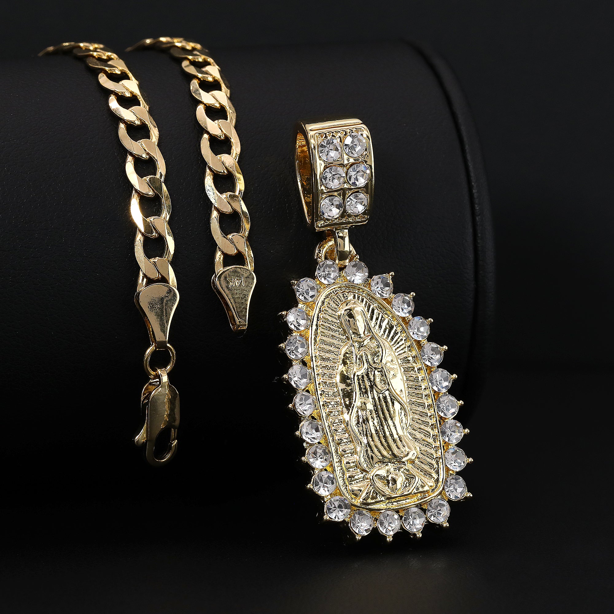 Catholic Spike Oval Guadalupe Pendant Cubic-Zirconia Gold Plated 20" Cuban Chain