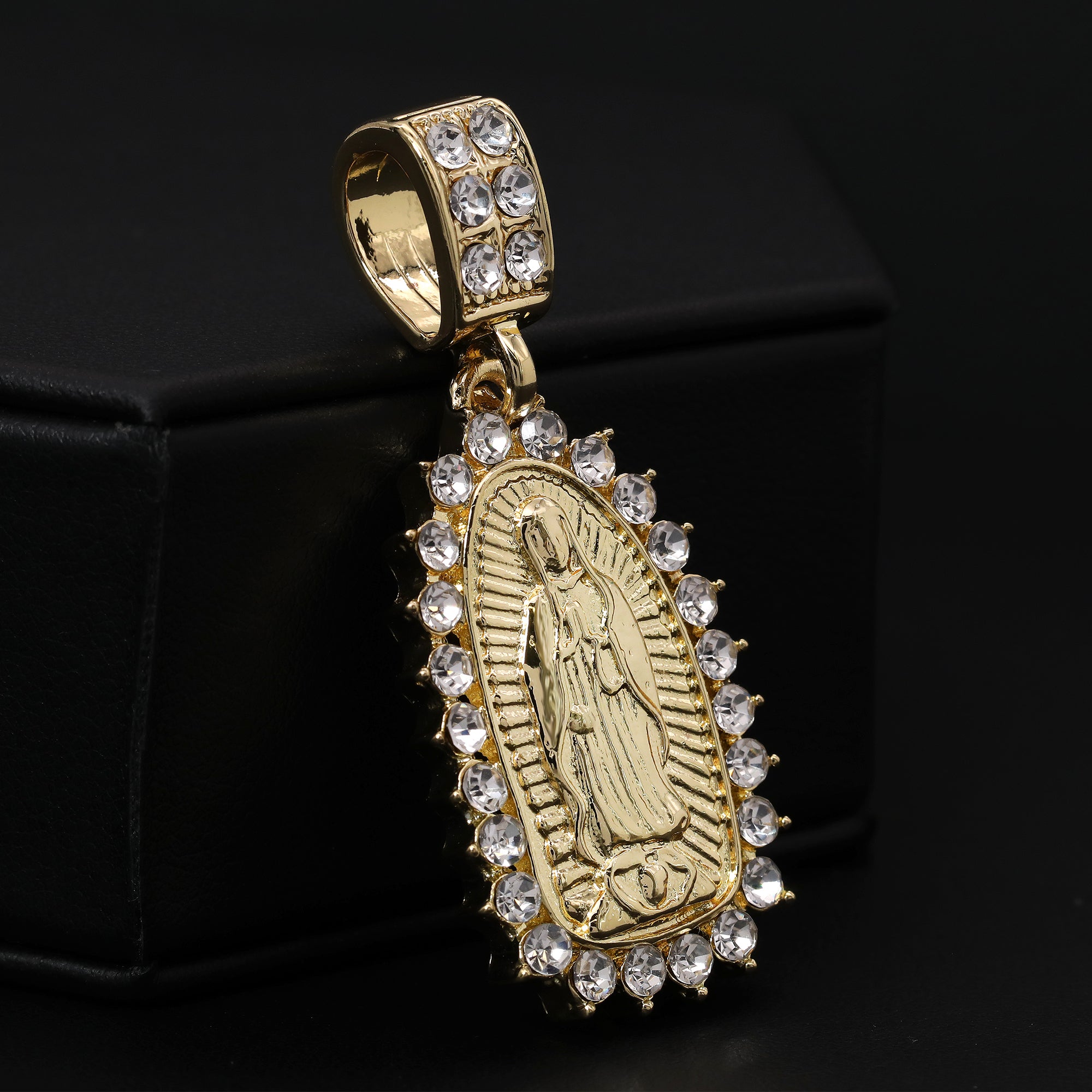 Catholic Spike Oval Guadalupe Pendant Cubic-Zirconia Gold Plated 20" Cuban Chain