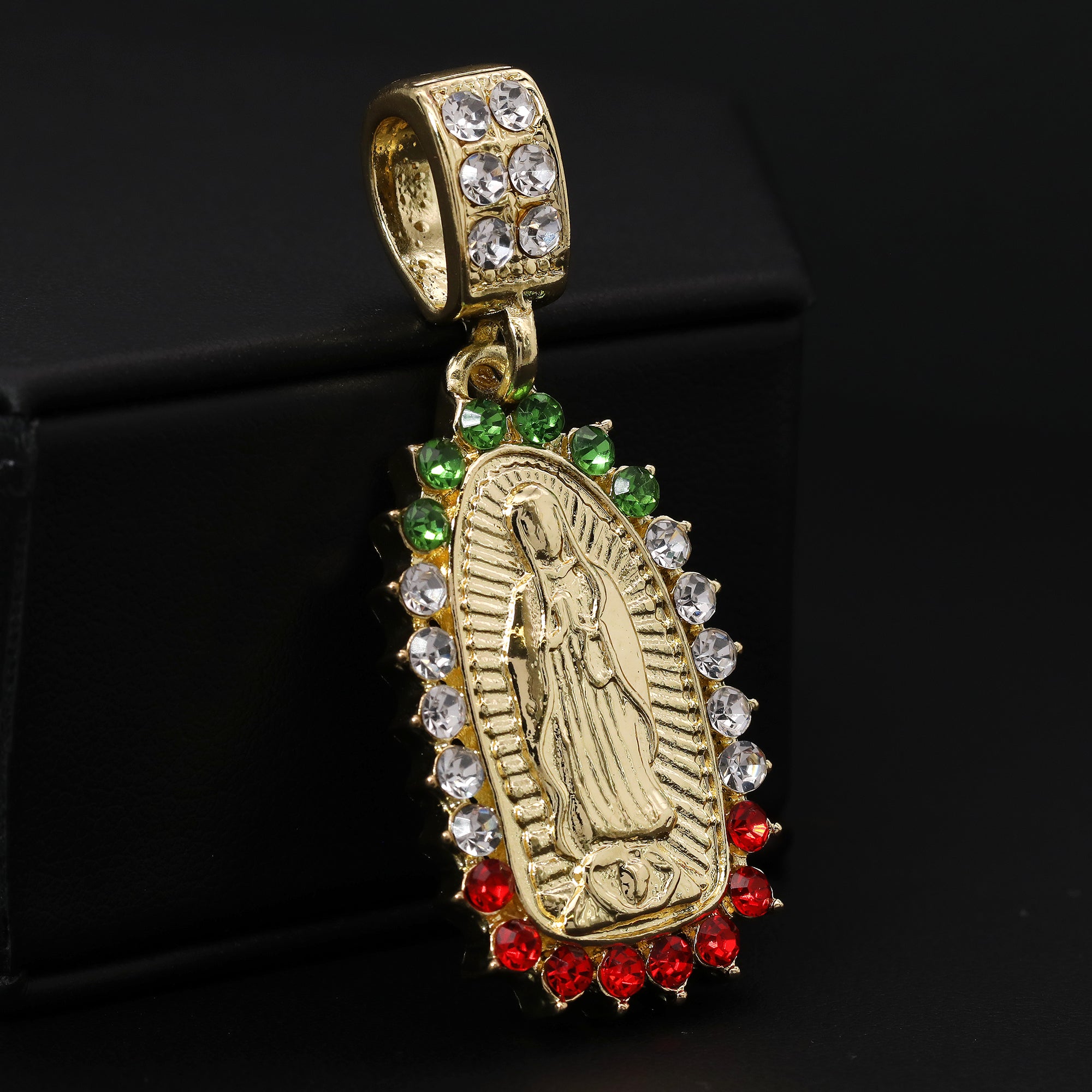 Catholic Color Oval Guadalupe Pendant Cubic-Zirconia Gold Plated 20" Cuban Chain
