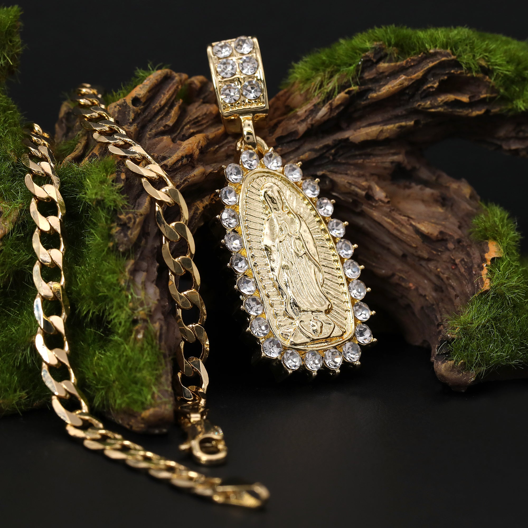 Catholic Spike Oval Guadalupe Pendant Cubic-Zirconia Gold Plated 20" Cuban Chain