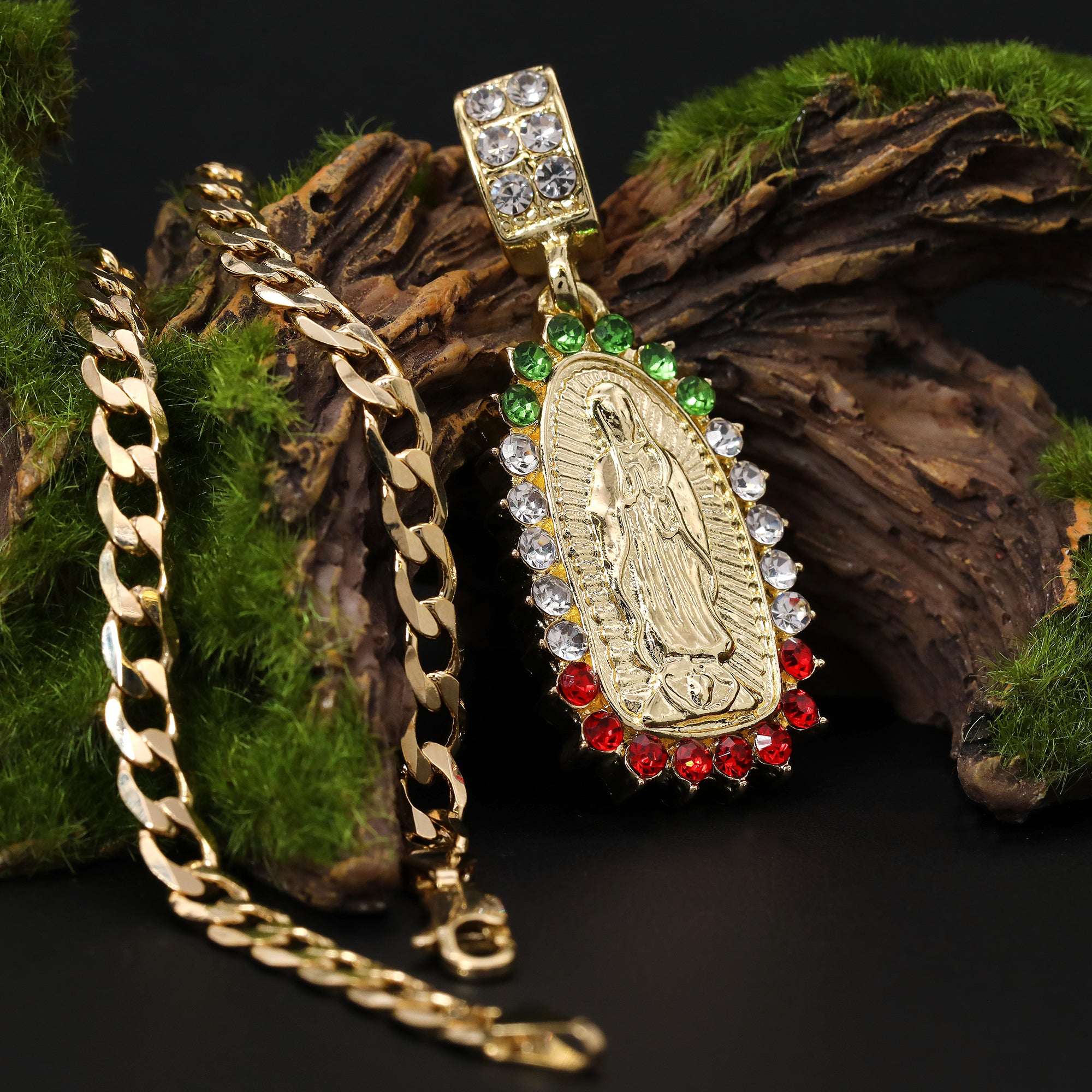 Catholic Color Oval Guadalupe Pendant Cubic-Zirconia Gold Plated 20" Cuban Chain