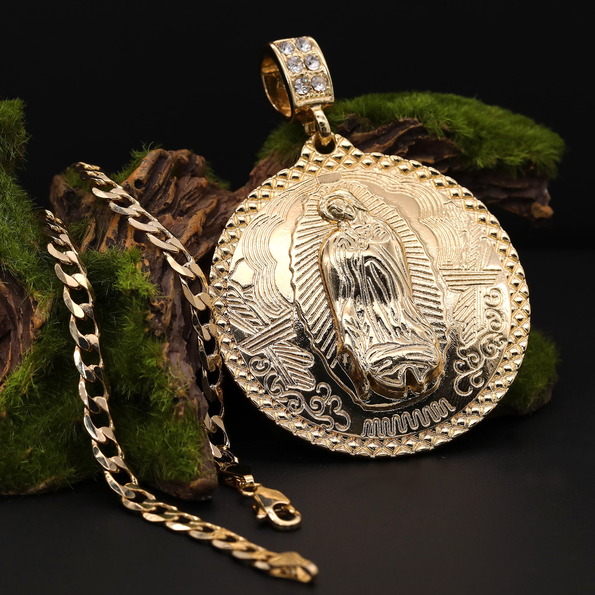 Catholic Round Huge Guadalupe Pendant Cubic-Zirconia Gold Plated 20" Cuban Chain