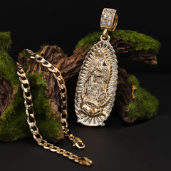 Catholic Long Oval Guadalupe Pendant Cubic-Zirconia Gold Plated 20" Cuban Chain