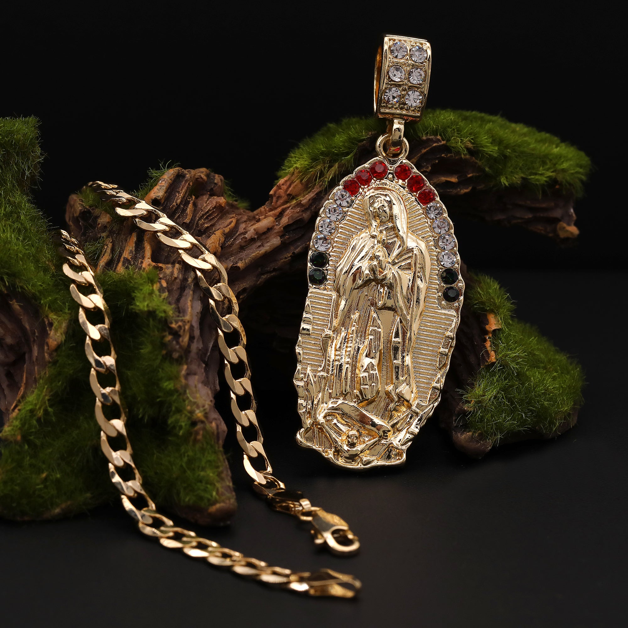 Catholic Oval Guadalupe Color Pendant Cubic-Zirconia Gold Plated 20" Cuban Chain