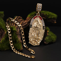 Catholic Oval Guadalupe Color Pendant Cubic-Zirconia Gold Plated 20" Cuban Chain