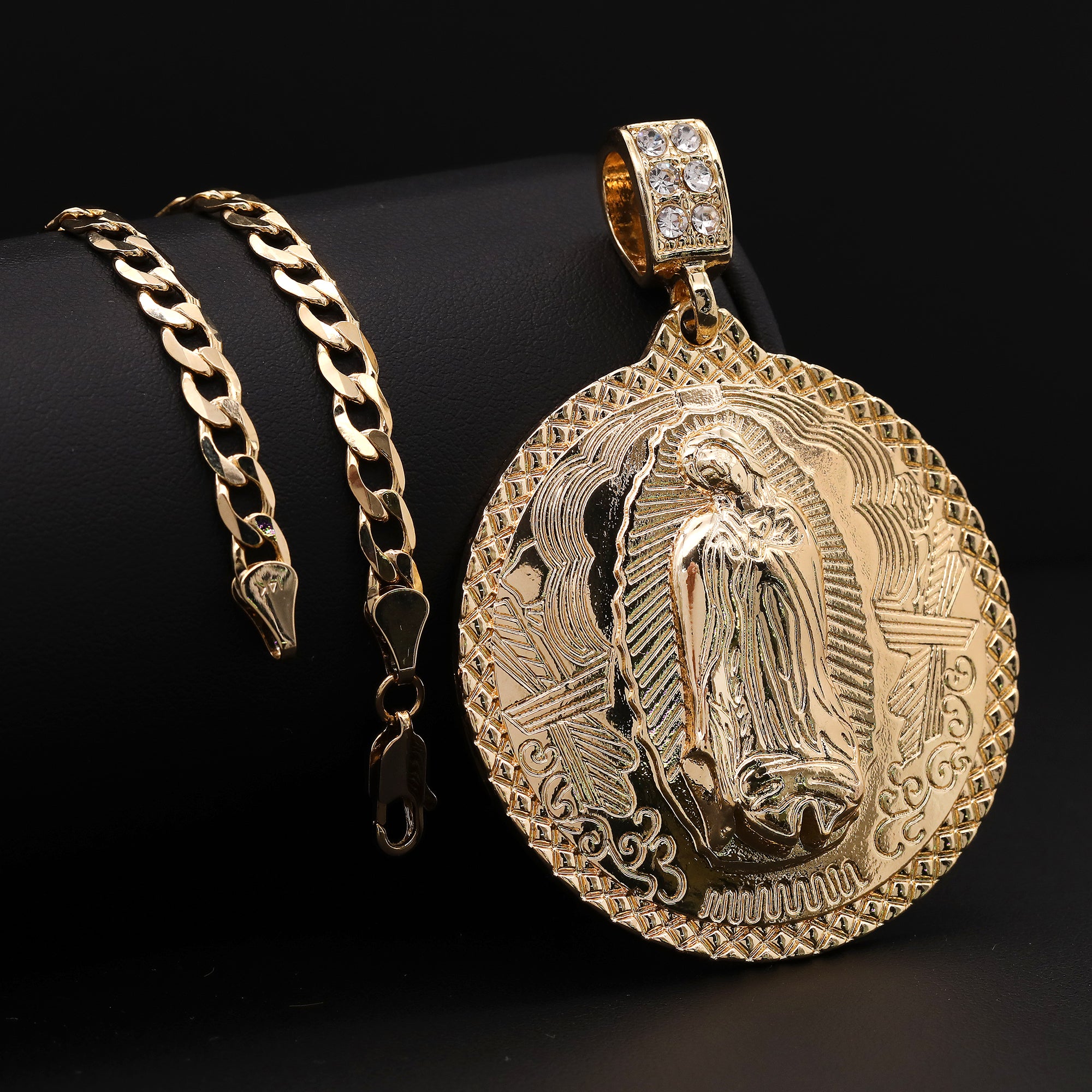 Catholic Round Huge Guadalupe Pendant Cubic-Zirconia Gold Plated 20" Cuban Chain