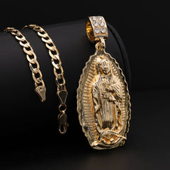 Catholic Oval Wavy Guadalupe Pendant Cubic-Zirconia Gold Plated 20" Cuban Chain