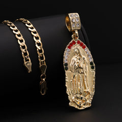 Catholic Oval Guadalupe Color Pendant Cubic-Zirconia Gold Plated 20" Cuban Chain