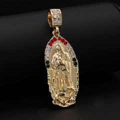 Catholic Oval Guadalupe Color Pendant Cubic-Zirconia Gold Plated 20" Cuban Chain