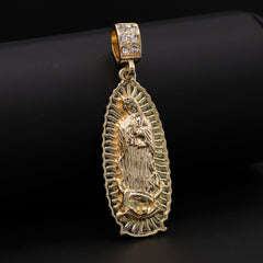 Catholic Long Oval Guadalupe Pendant Cubic-Zirconia Gold Plated 20" Cuban Chain