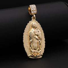 Catholic Oval Wavy Guadalupe Pendant Cubic-Zirconia Gold Plated 20" Cuban Chain