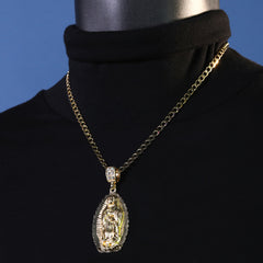 Catholic Oval Wavy Guadalupe Pendant Cubic-Zirconia Gold Plated 20" Cuban Chain
