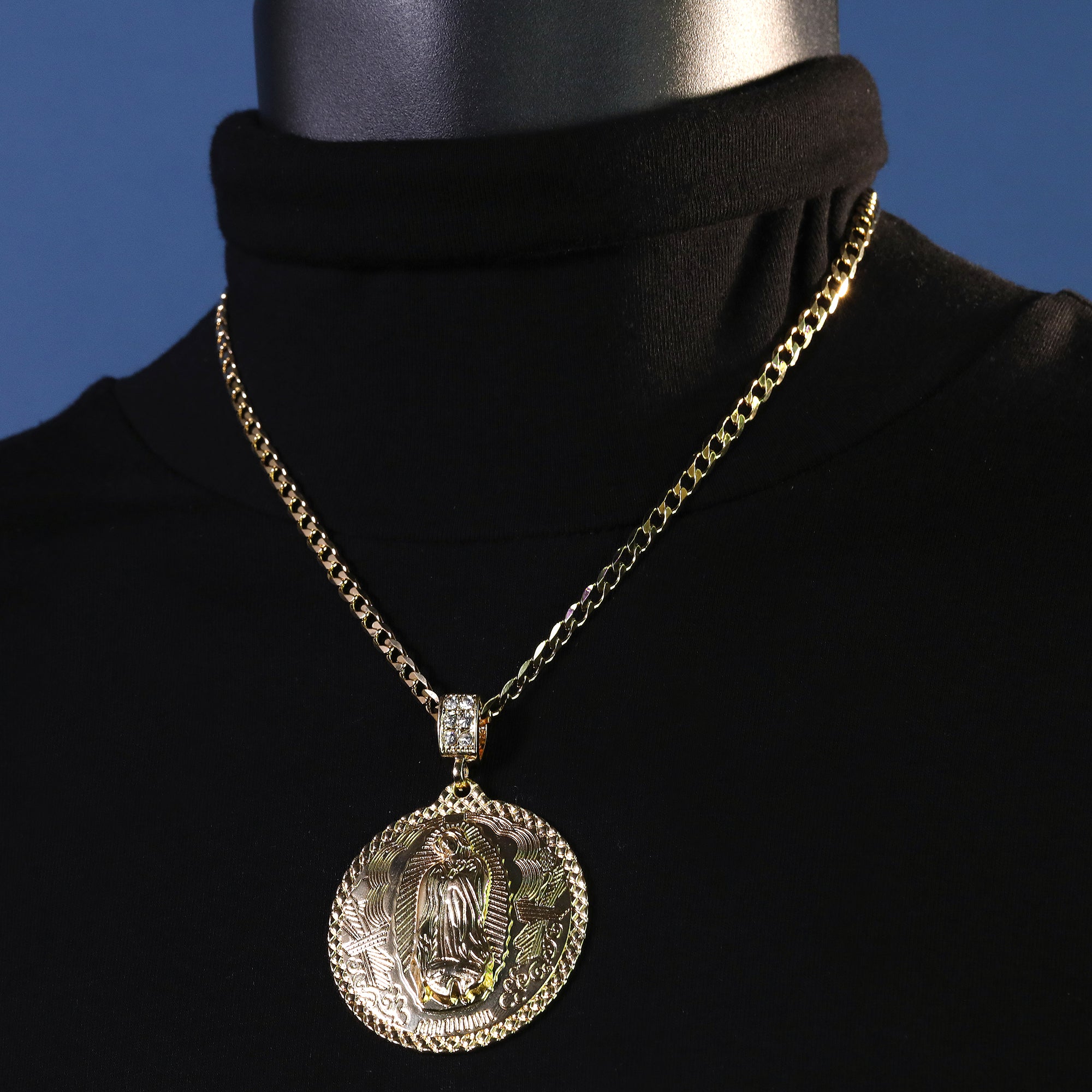 Catholic Round Huge Guadalupe Pendant Cubic-Zirconia Gold Plated 20" Cuban Chain