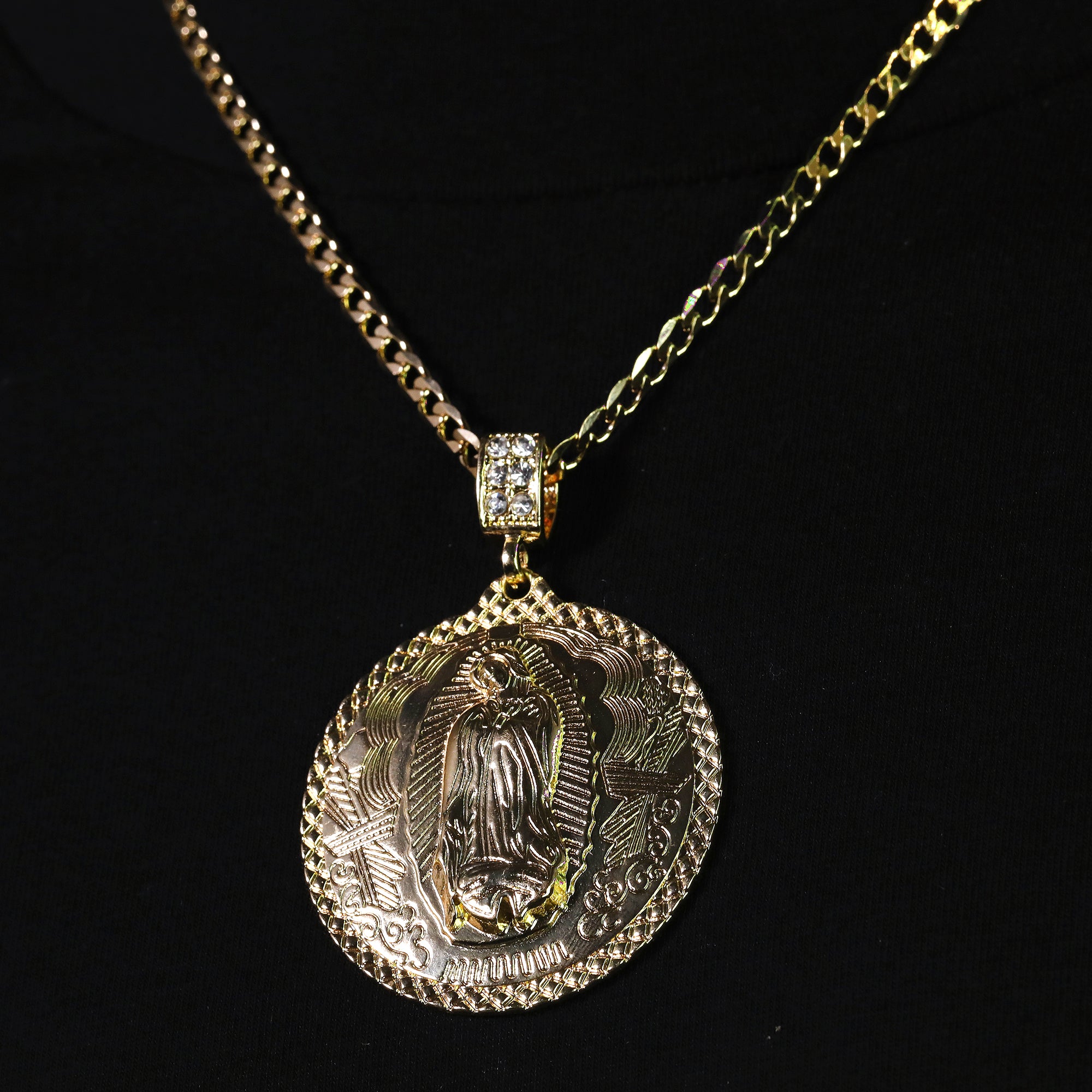 Catholic Round Huge Guadalupe Pendant Cubic-Zirconia Gold Plated 20" Cuban Chain