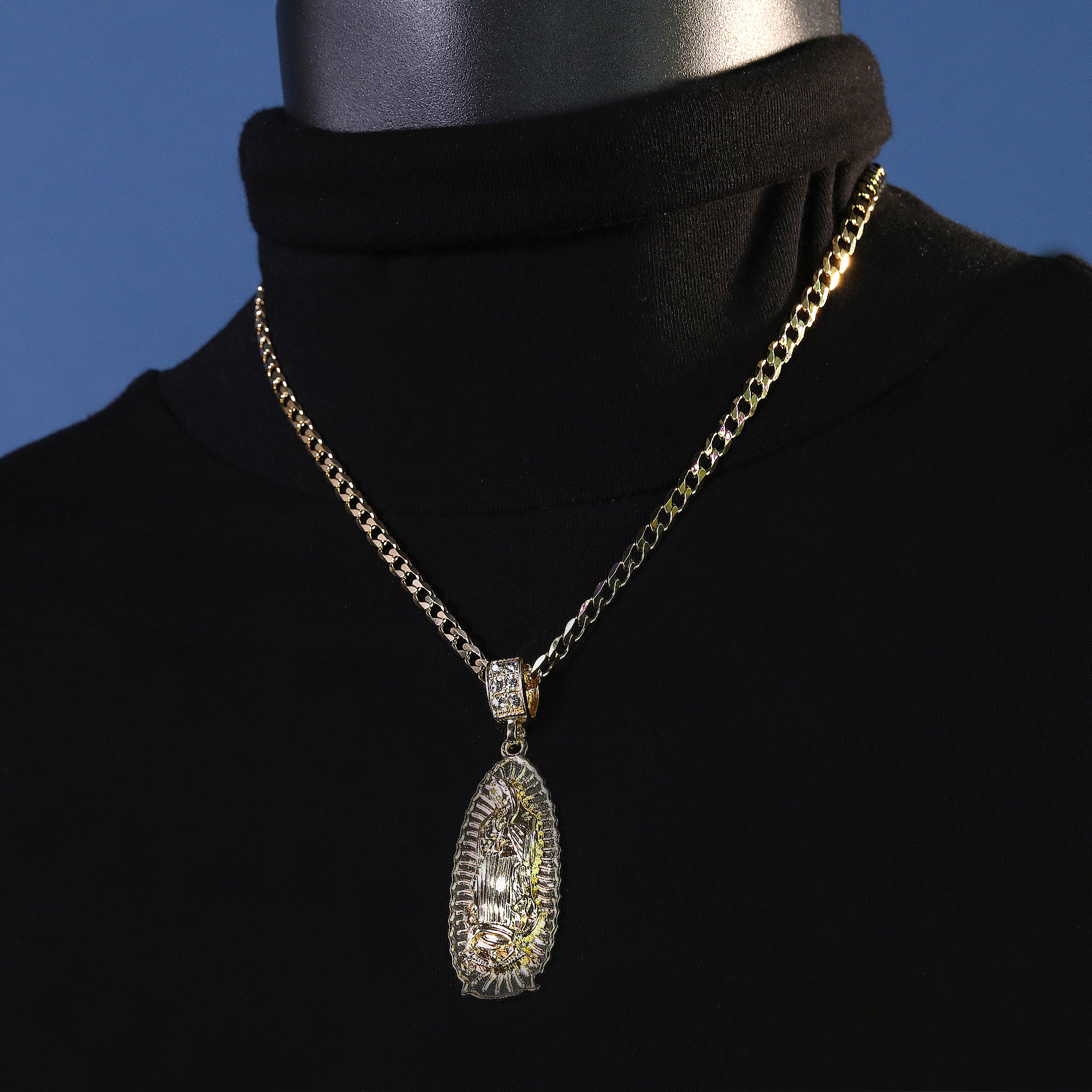 Catholic Long Oval Guadalupe Pendant Cubic-Zirconia Gold Plated 20" Cuban Chain