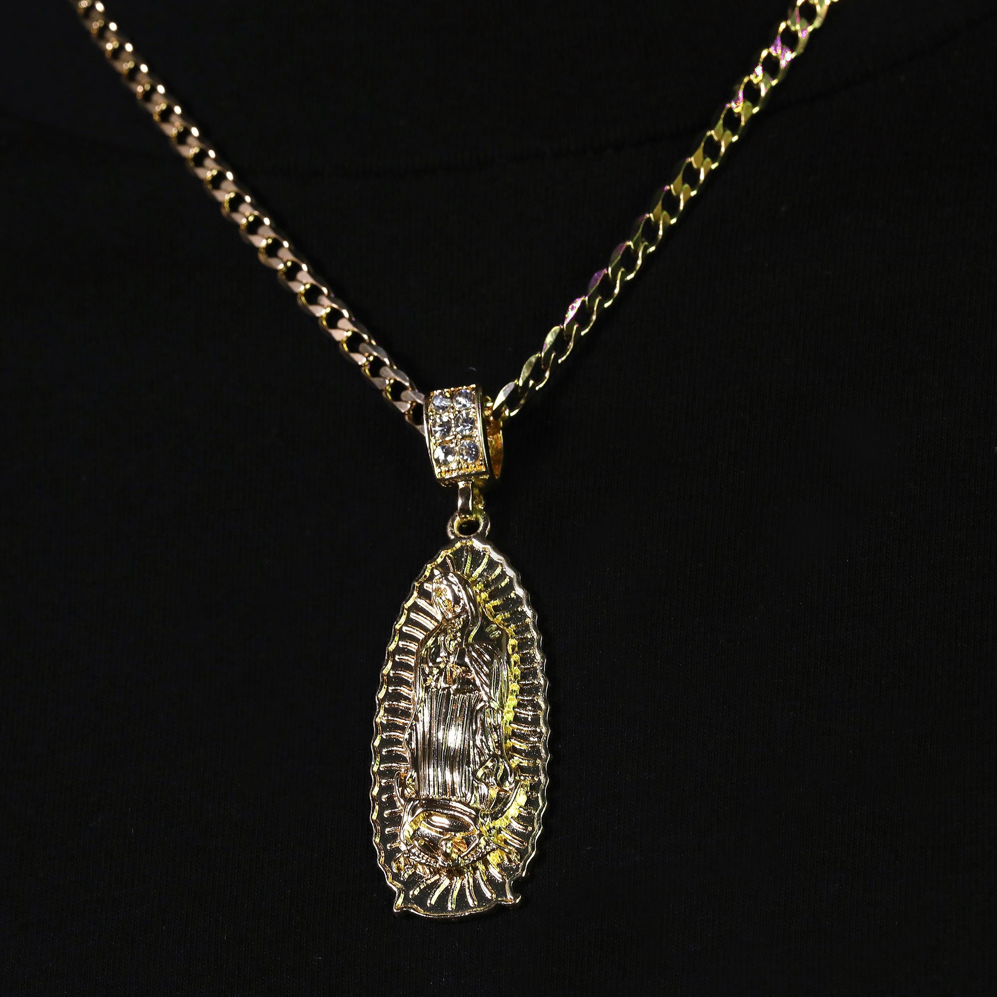 Catholic Long Oval Guadalupe Pendant Cubic-Zirconia Gold Plated 20" Cuban Chain