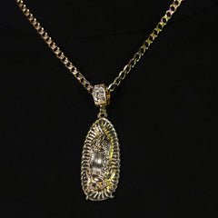 Catholic Long Oval Guadalupe Pendant Cubic-Zirconia Gold Plated 20" Cuban Chain