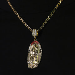 Catholic Oval Guadalupe Color Pendant Cubic-Zirconia Gold Plated 20" Cuban Chain