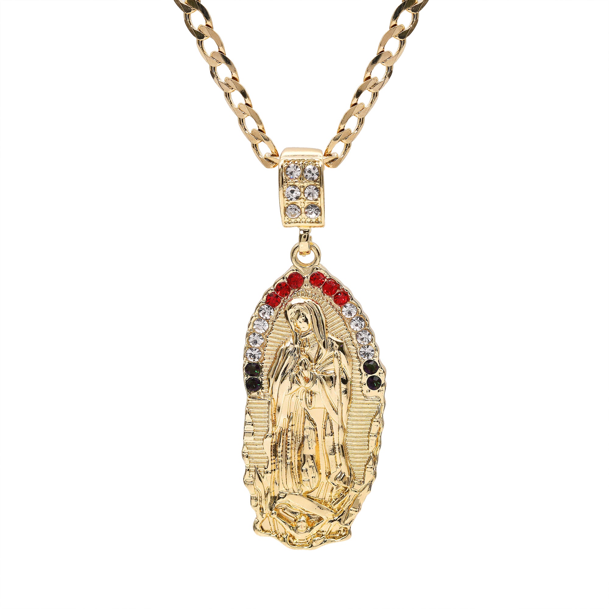 Catholic Oval Guadalupe Color Pendant Cubic-Zirconia Gold Plated 20" Cuban Chain