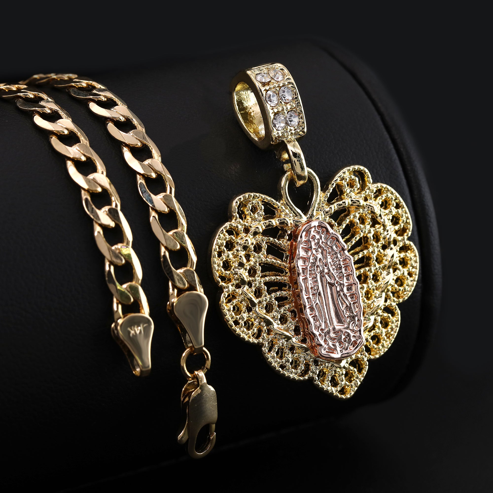 Catholic Heart Guadalupe Pendant Cubic-Zirconia Gold Plated 20" Cuban Chain