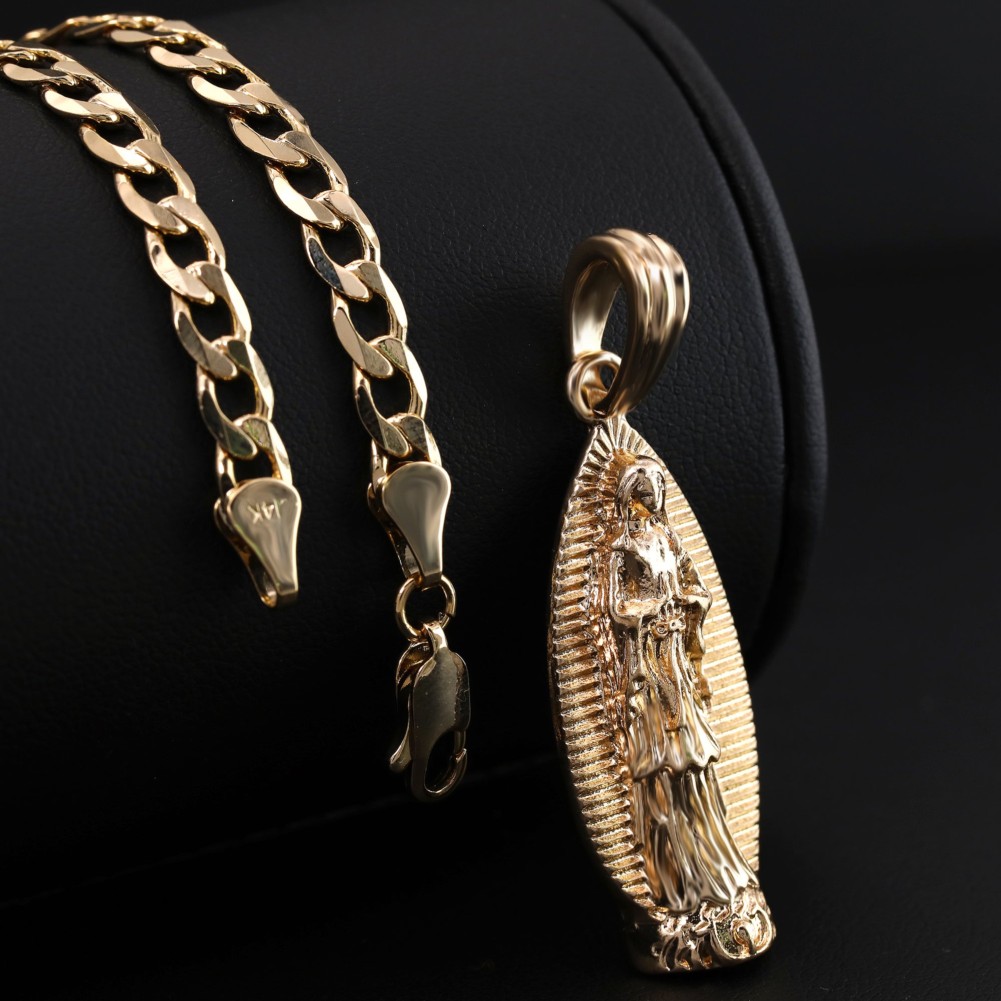 Catholic Thin Oval Guadalupe Pendant Cubic-Zirconia Gold Plated 20" Cuban Chain