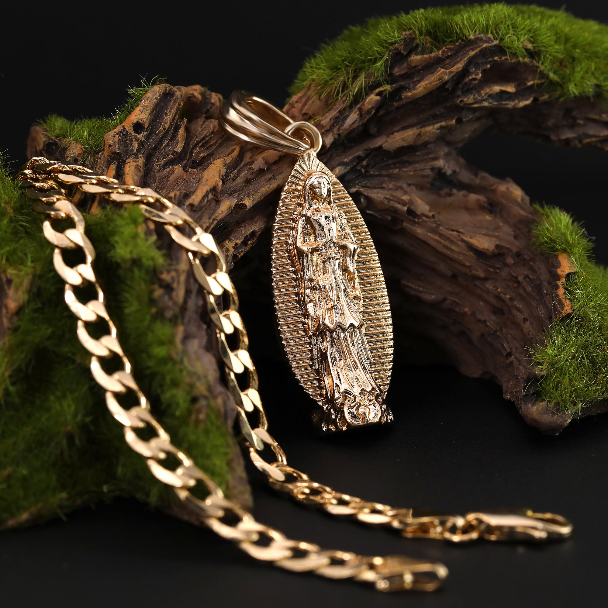 Catholic Thin Oval Guadalupe Pendant Cubic-Zirconia Gold Plated 20" Cuban Chain