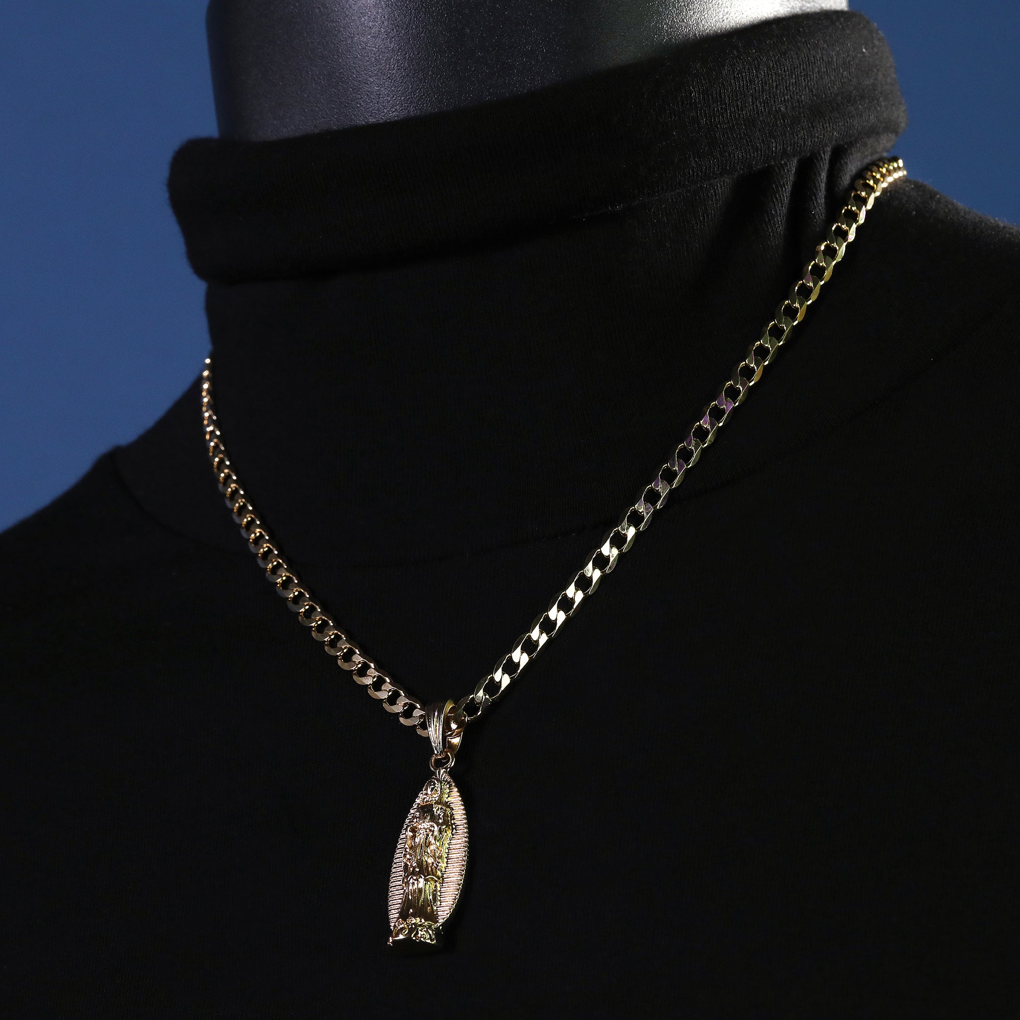 Catholic Thin Oval Guadalupe Pendant Cubic-Zirconia Gold Plated 20" Cuban Chain