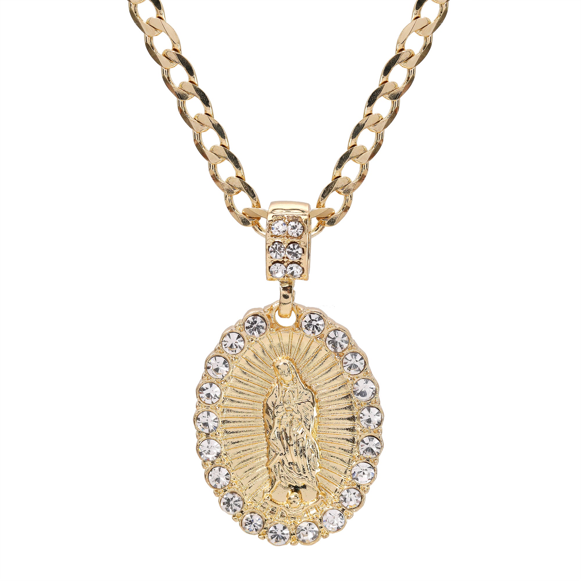 Catholic Guadalupe Wavy Pendant Cubic-Zirconia Gold Plated 18" Cuban Chain
