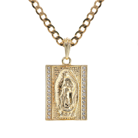 Catholic Square Guadalupe Pendant Cubic-Zirconia Gold Plated 18" Cuban Chain