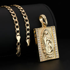 Catholic Square Guadalupe Pendant Cubic-Zirconia Gold Plated 18" Cuban Chain