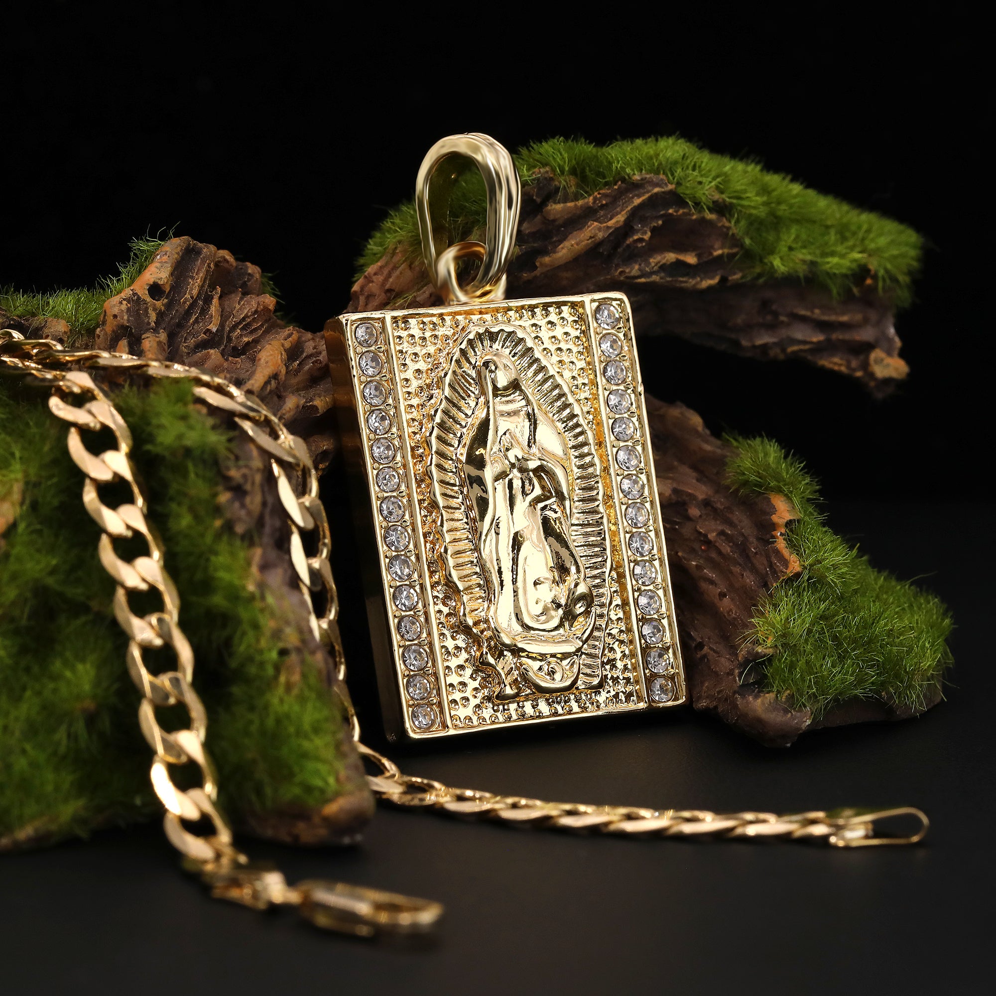 Catholic Square Guadalupe Pendant Cubic-Zirconia Gold Plated 18" Cuban Chain