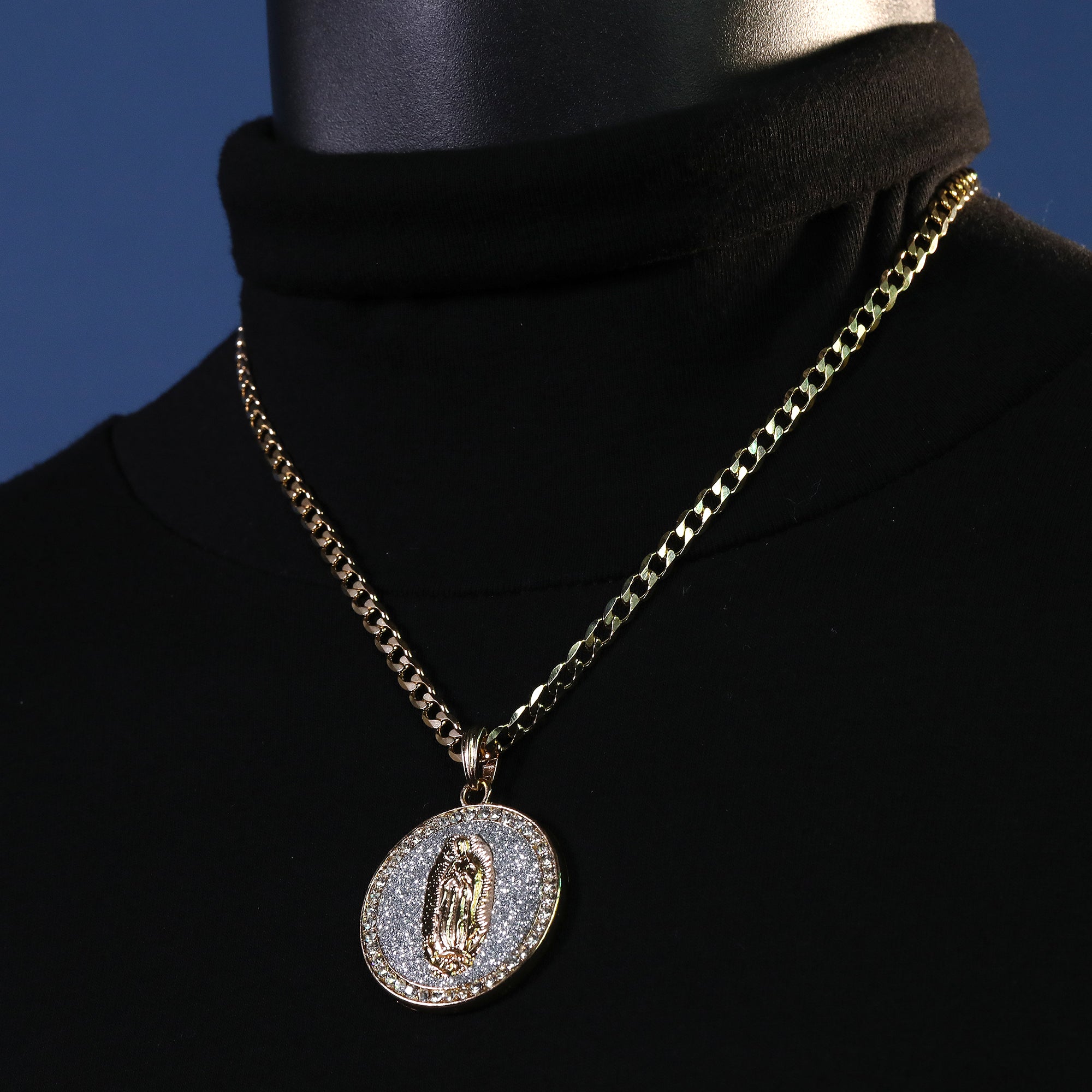 Catholic Round Si Guadalupe Pendant Cubic-Zirconia Gold Plated 18" Cuban Chain