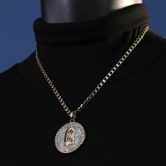 Catholic Round Si Guadalupe Pendant Cubic-Zirconia Gold Plated 18" Cuban Chain
