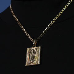 Catholic Square Guadalupe Pendant Cubic-Zirconia Gold Plated 18" Cuban Chain
