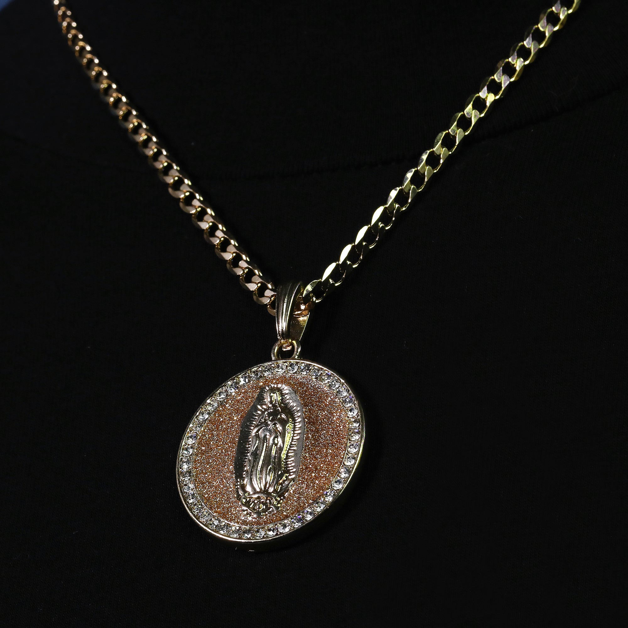 Catholic Round Gold Guadalupe Pendant Cubic-Zirconia Gold Plated 18" Cuban Chain