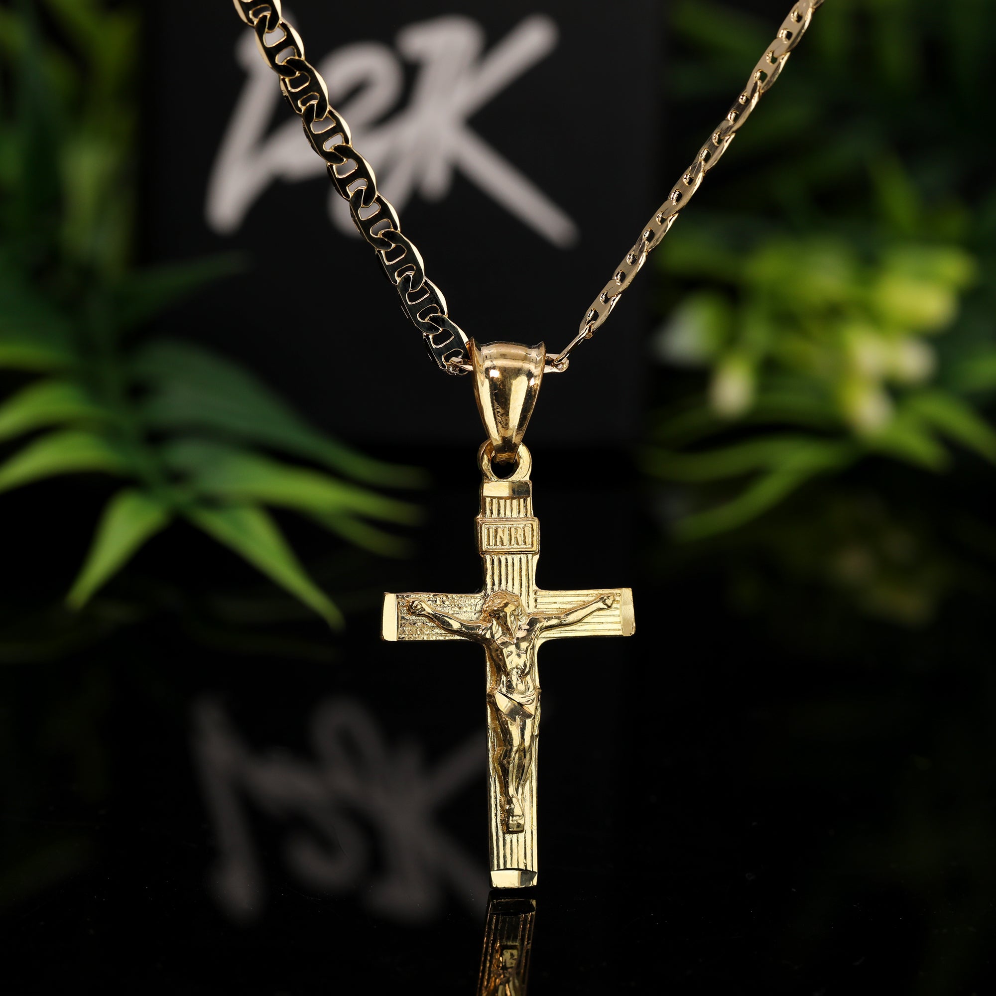 Thin INRI Pendant Mariner Chain 20" Gold Plated