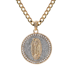 Catholic Round Si Guadalupe Pendant Cubic-Zirconia Gold Plated 18" Cuban Chain