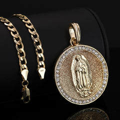 Catholic Round Gold Guadalupe Pendant Cubic-Zirconia Gold Plated 18" Cuban Chain