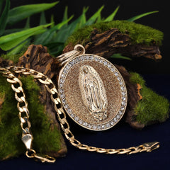 Catholic Round Gold Guadalupe Pendant Cubic-Zirconia Gold Plated 18" Cuban Chain