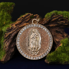 Catholic Round Gold Guadalupe Pendant Cubic-Zirconia Gold Plated 18" Cuban Chain