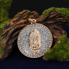 Catholic Round Si Guadalupe Pendant Cubic-Zirconia Gold Plated 18" Cuban Chain