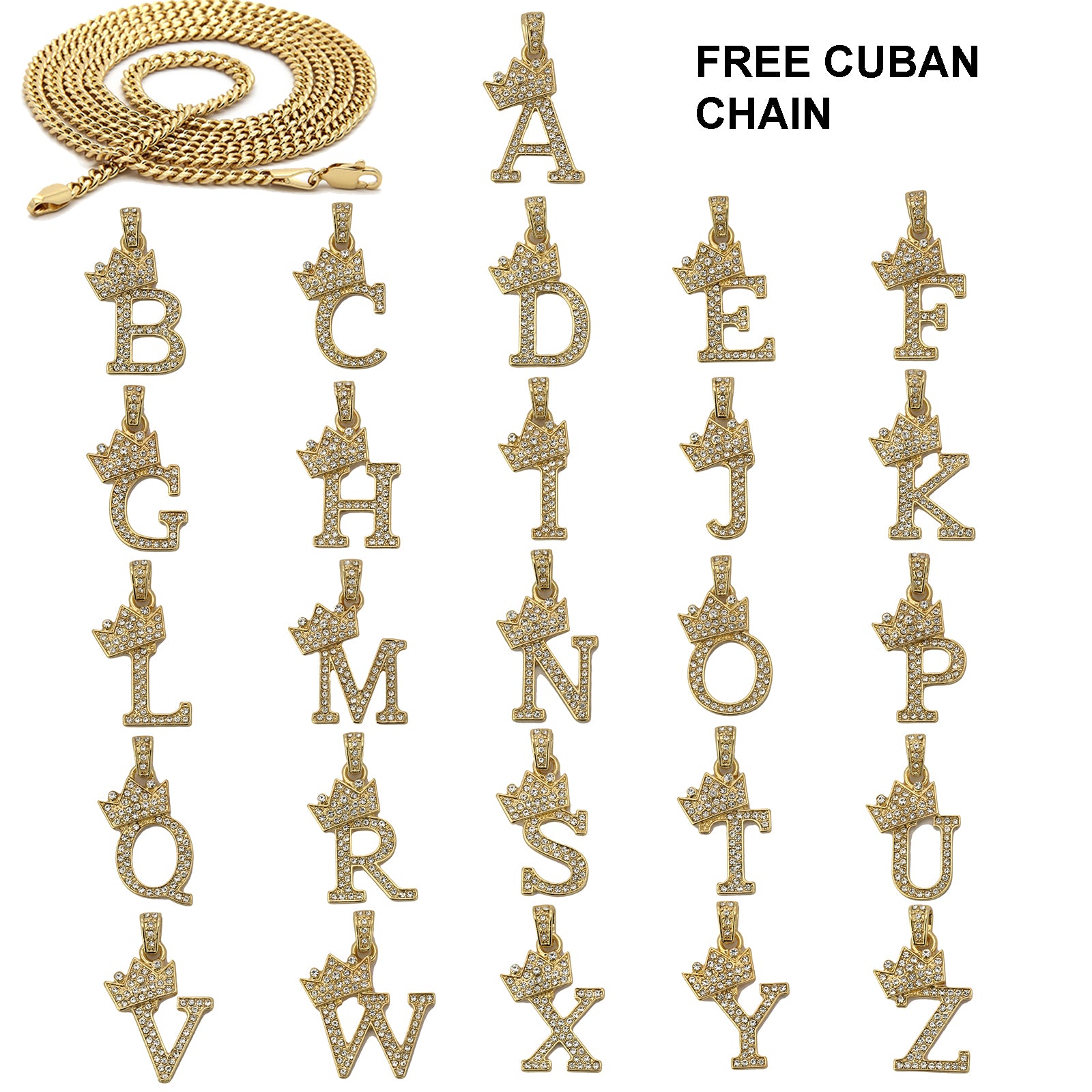 CUBAN CHAIN ALPHABET PENDANT CROWN MINI A-Z