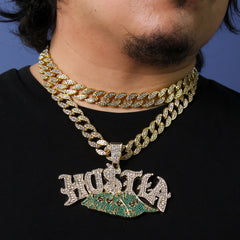 3pc Set – Huge "HUSTLA" Pendant & 15mm Iced Cuban Chains 18"/20" Gold