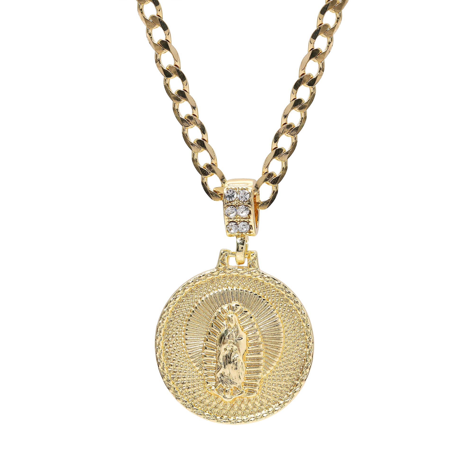Catholic Round Web Guadalupe Pendant Cubic-Zirconia Gold Plated 20" Cuban Chain