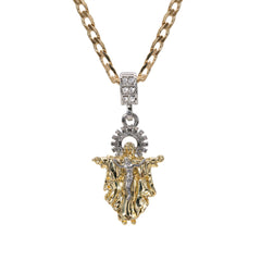 Catholic Guadalupe & Jesus Pendant Cubic-Zirconia Gold Plated 18" Cuban Chain