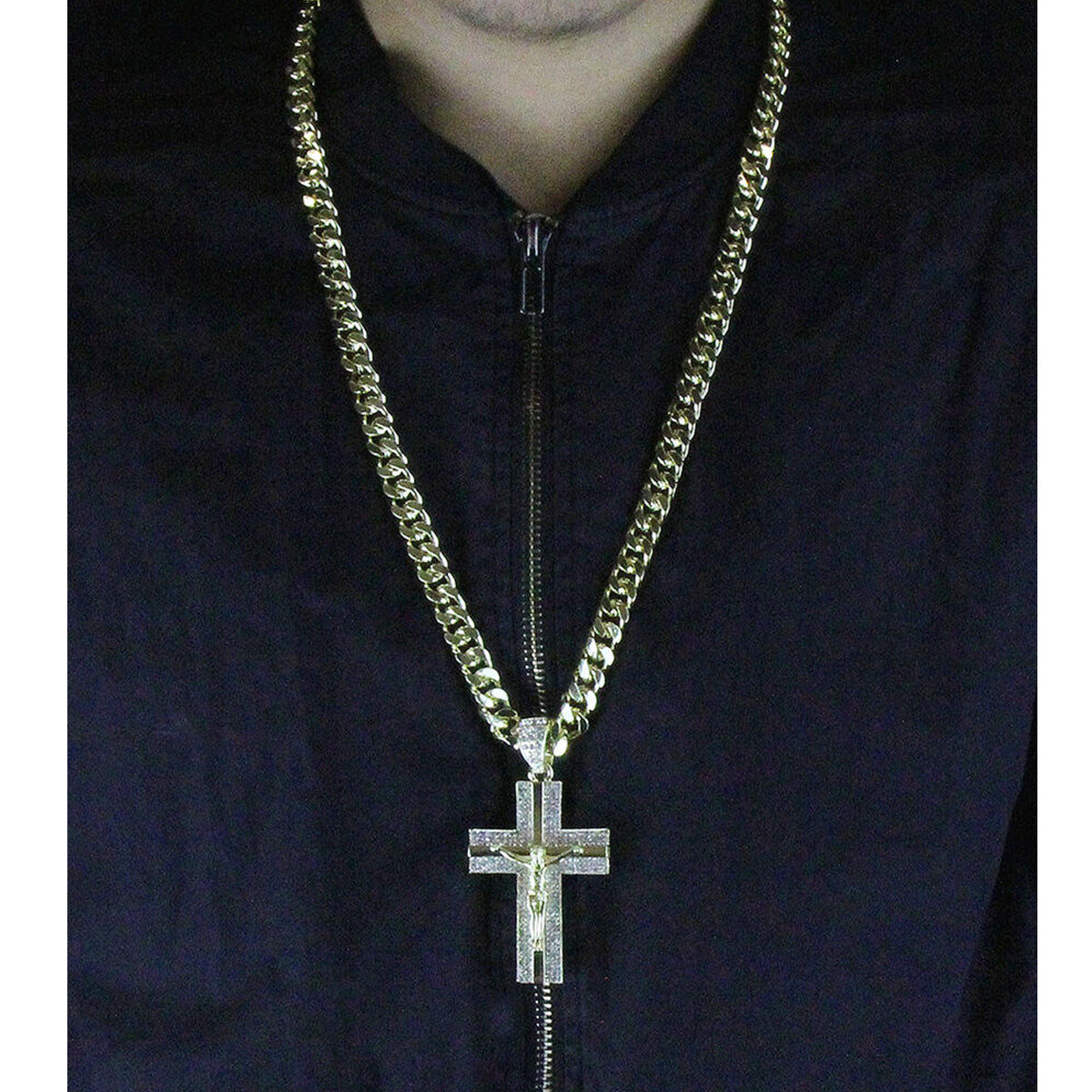 Gold Mirror Cross Jesus Pendant – 10mm Miami Cuban Link Chain (30")