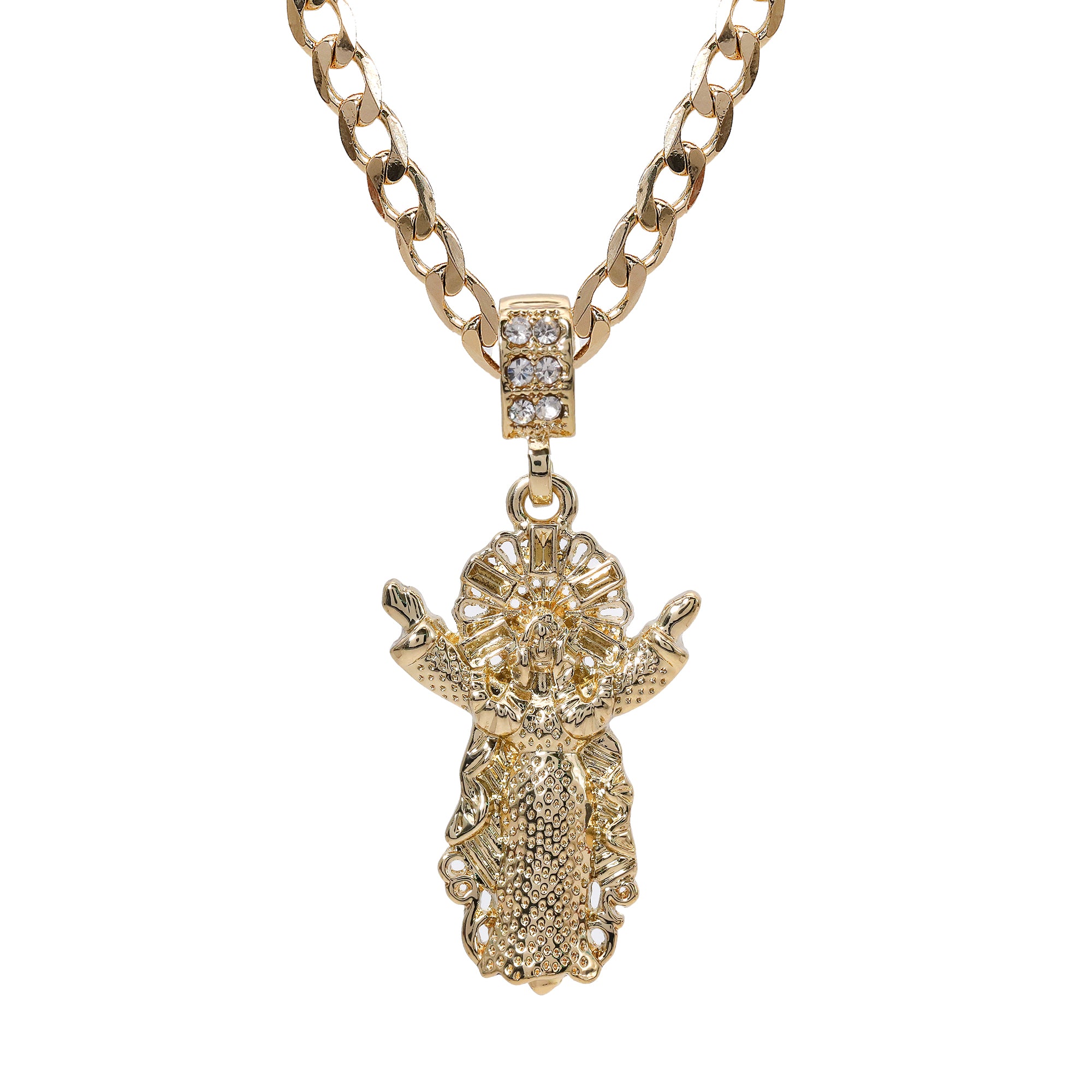Catholic Risen Jesus Pendant Cubic-Zirconia Gold Plated 18" Cuban Chain