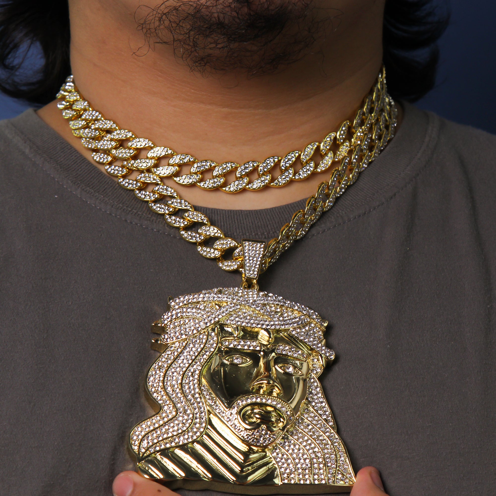 3pc Set XXL Wide Face Jesus Pendant & 2 Iced Cuban Chains – 18"/20"
