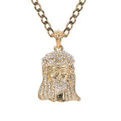 Catholic Bearded Jesus Face Pendant Cubic-Zirconia Gold Plated 18" Cuban Chain