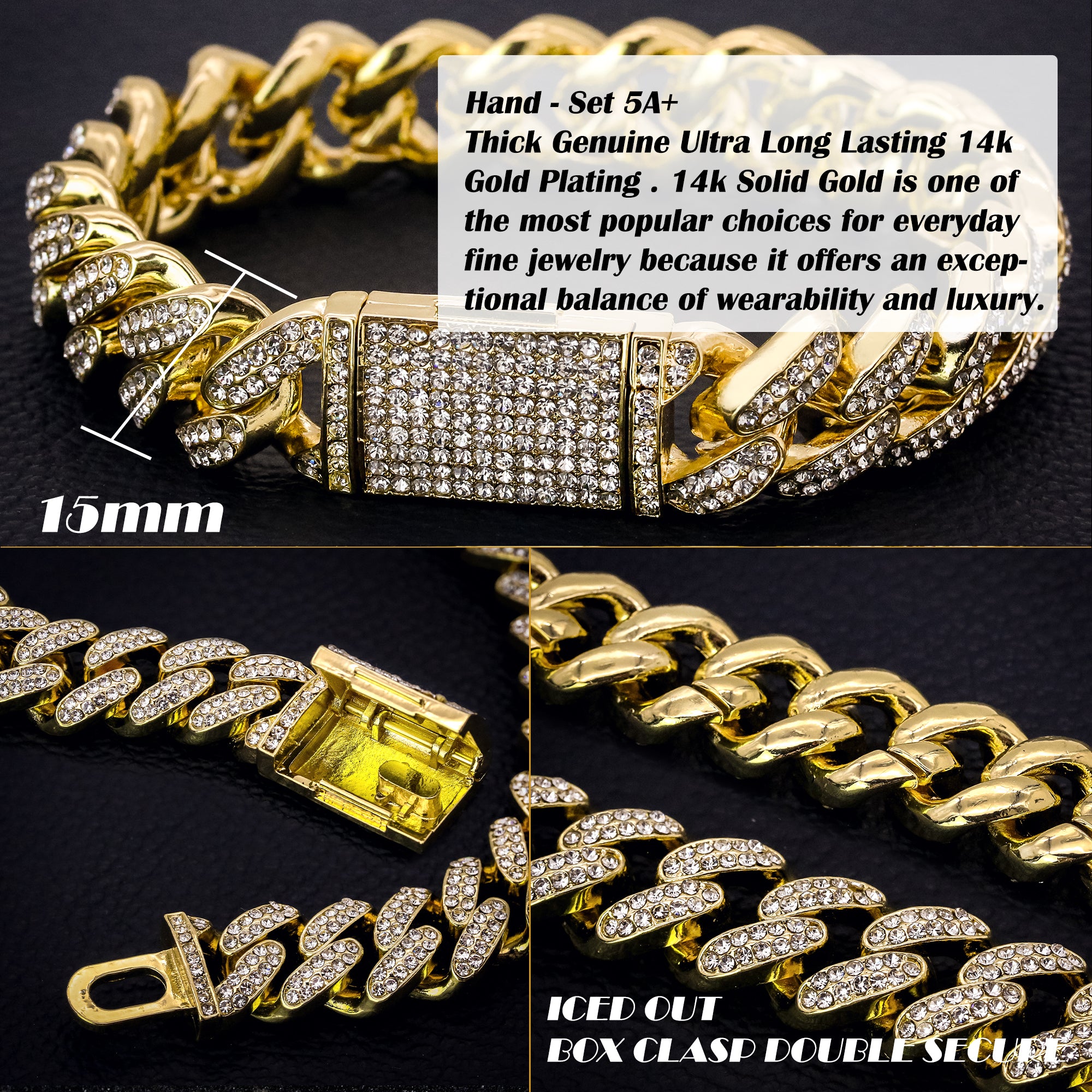 Thick Cuban Bracelet Link Fully Iced 14k Gold Plated 9"